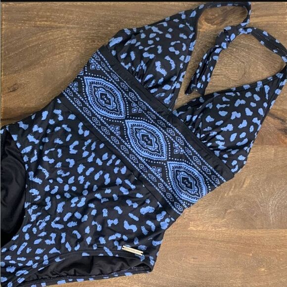 Michael Kors women's black blue leopard print halter one piece swimsuit size 8 - Picture 1 of 12
